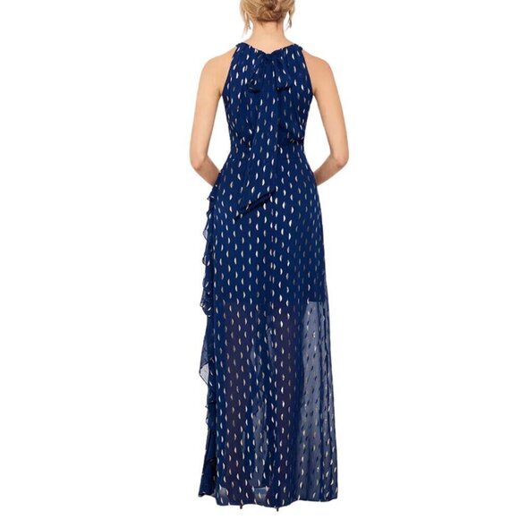 NWT Betsy & Adam Metallic Chiffon Front Ruffle Slit Halter Neck Sleeveless Gown - Picture 3 of 5